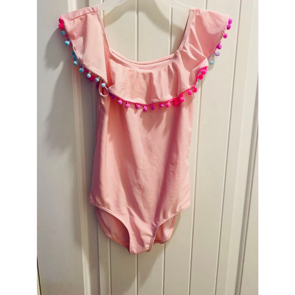 Bmagical Girls Ruffle Off the Shoulder Swimsuit 10 Pink Multicolor Pom Pom
